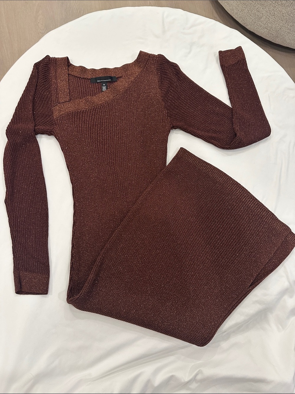 White House Black Market Metallic Ribbed Off-Shoulder Sweater Dress in Brown